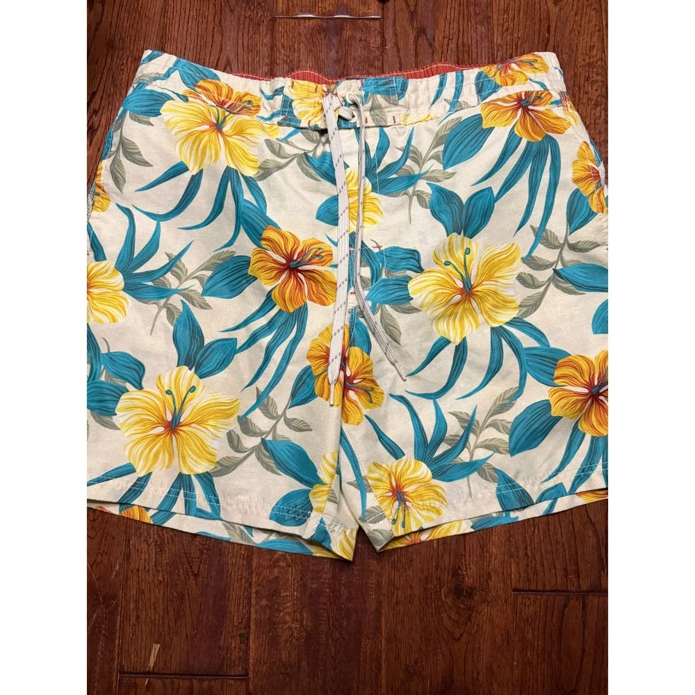 Caribbean Joe Mens XL Swim Trunks Tropical Hibiscus‎ Floral Board Shorts Tan